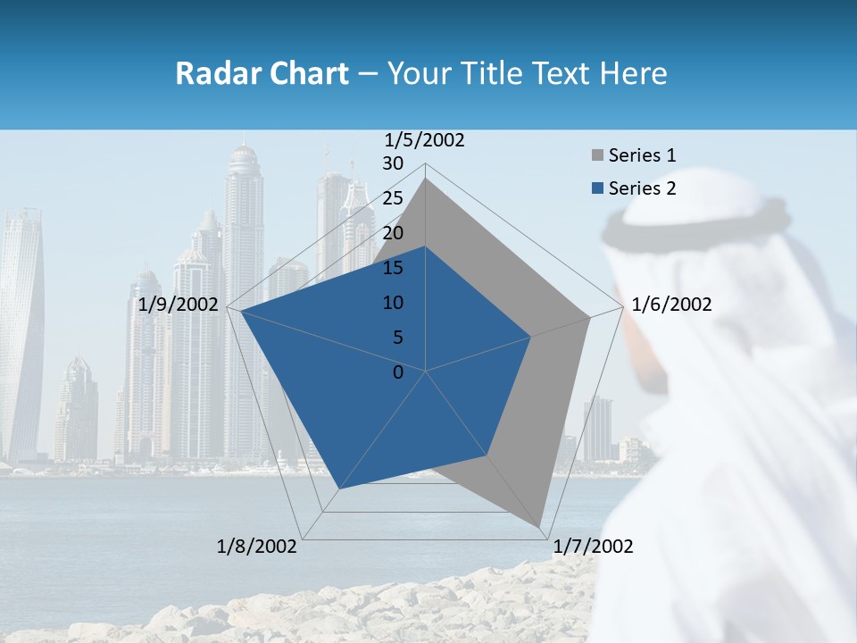 A Man Standing In Front Of A Body Of Water With A City In The Background PowerPoint Template