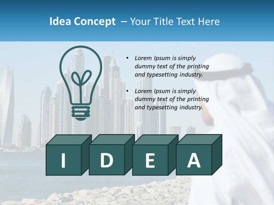 A Man Standing In Front Of A Body Of Water With A City In The Background PowerPoint Template