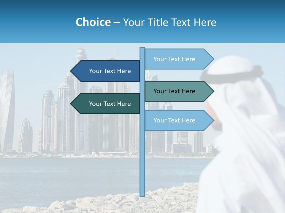 A Man Standing In Front Of A Body Of Water With A City In The Background PowerPoint Template