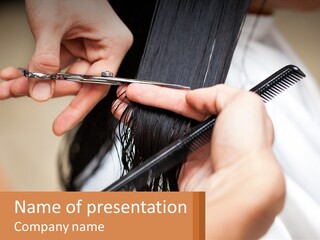 A Woman Is Cutting Her Hair With Scissors PowerPoint Template
