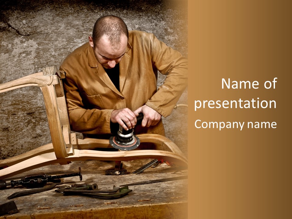 A Man Sanding A Wooden Chair With A Sander PowerPoint Template
