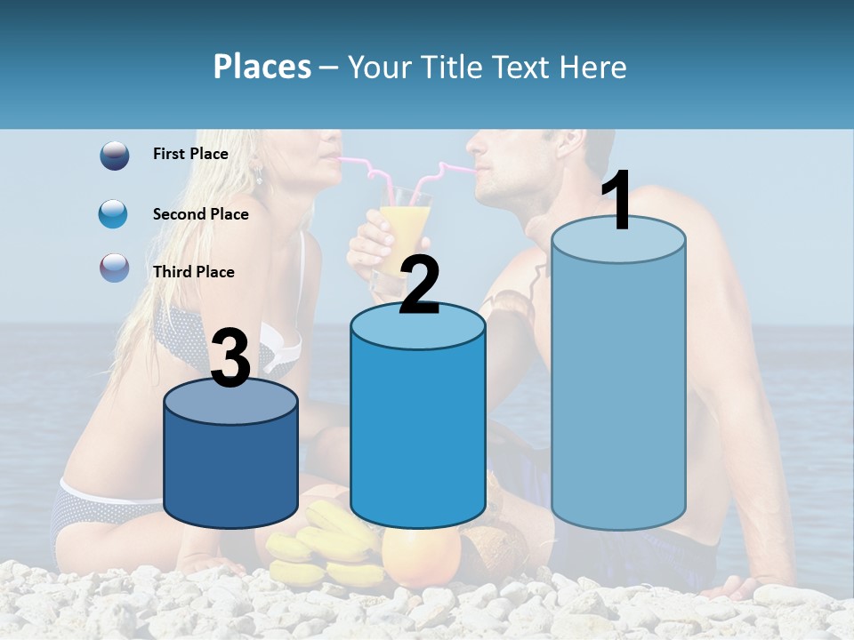 A Man And A Woman Sitting On The Beach With A Pineapple PowerPoint Template