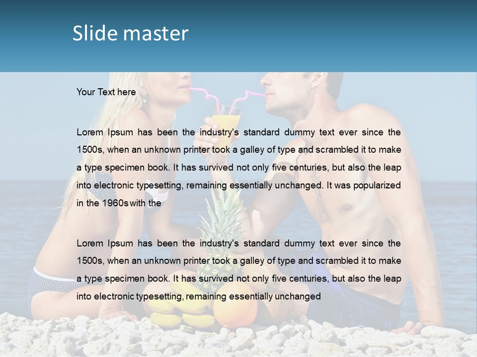 A Man And A Woman Sitting On The Beach With A Pineapple PowerPoint Template