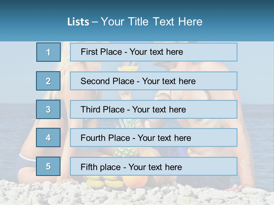 A Man And A Woman Sitting On The Beach With A Pineapple PowerPoint Template