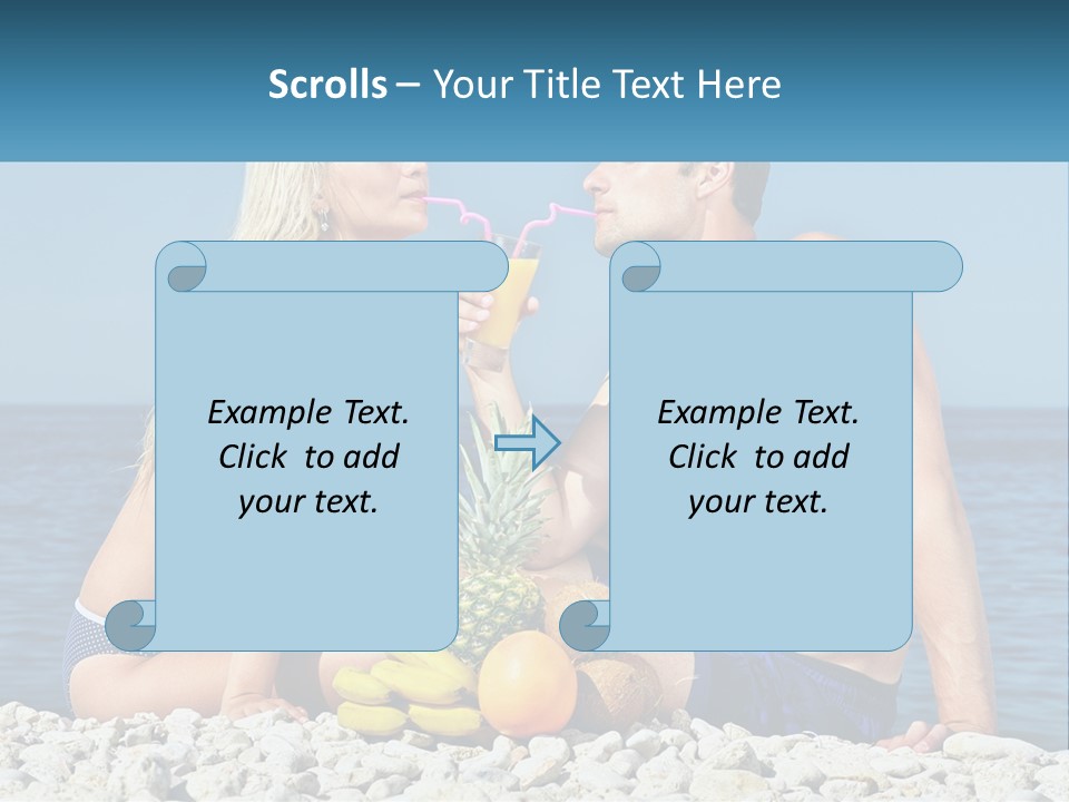 A Man And A Woman Sitting On The Beach With A Pineapple PowerPoint Template
