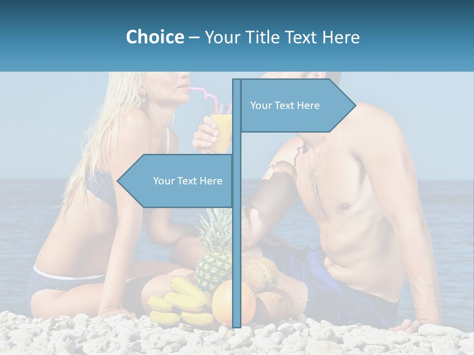 A Man And A Woman Sitting On The Beach With A Pineapple PowerPoint Template
