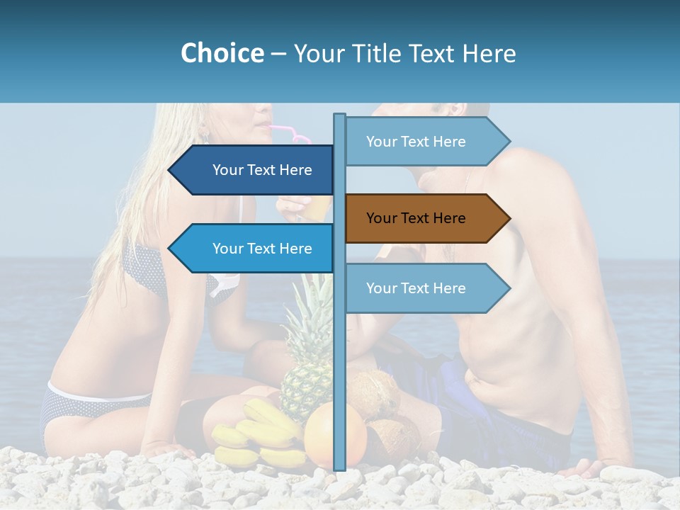 A Man And A Woman Sitting On The Beach With A Pineapple PowerPoint Template