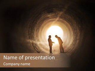 Two People Standing In A Dark Tunnel Powerpoint Template PowerPoint Template