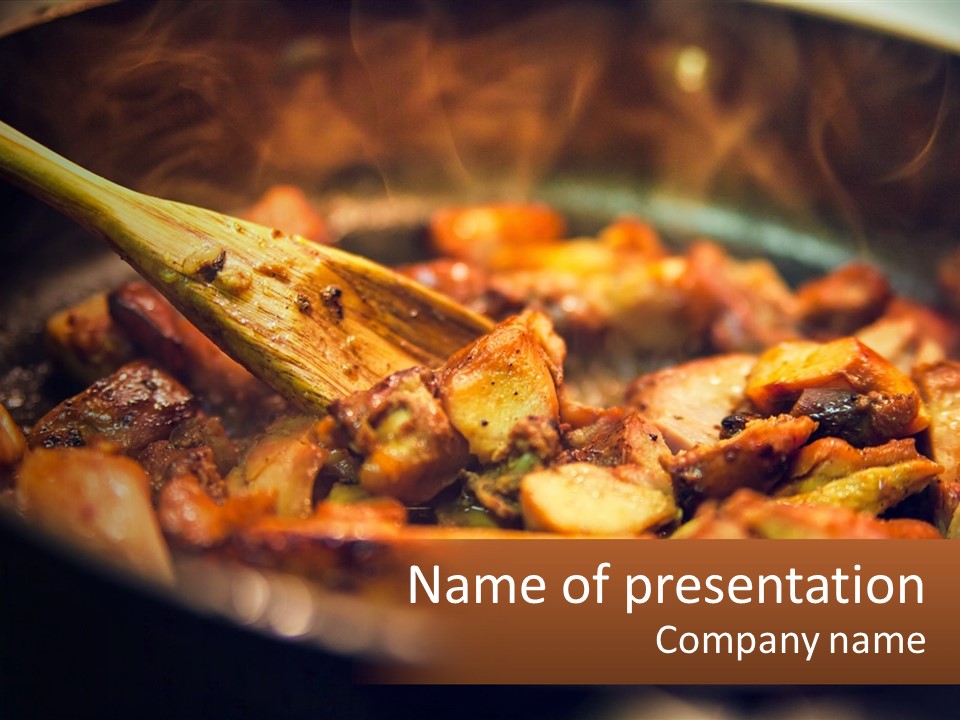 A Pan Filled With Food And A Wooden Spoon PowerPoint Template