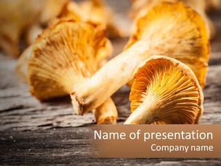 A Group Of Mushrooms Sitting On Top Of A Wooden Table PowerPoint Template