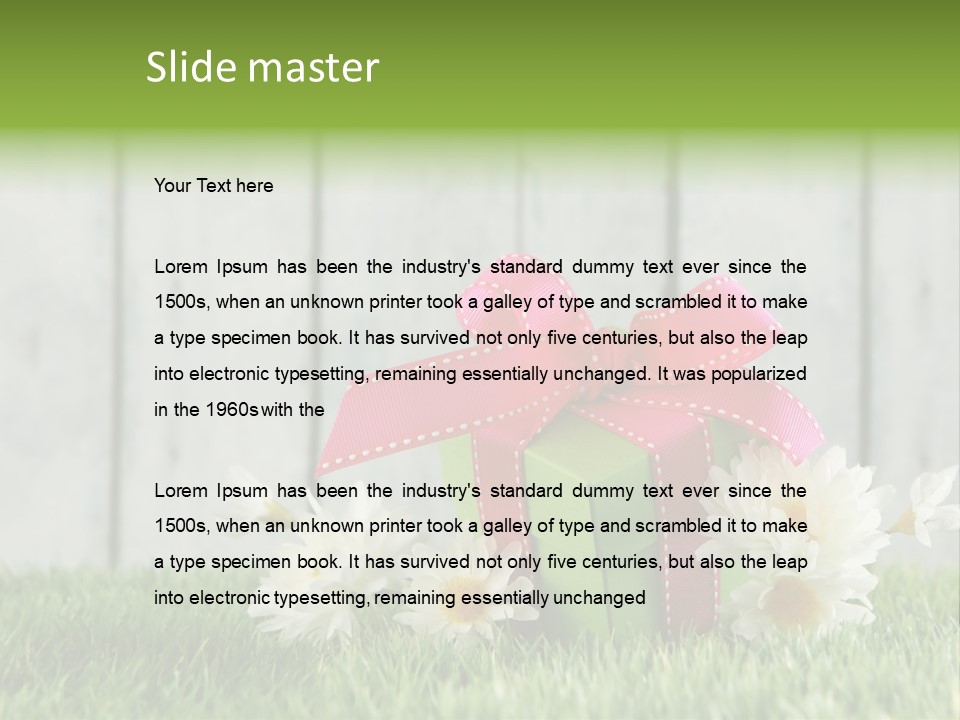 A Present Box With A Pink Ribbon And Daisies On The Grass PowerPoint Template