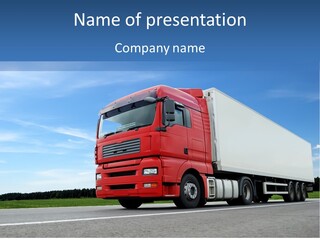 A Red Truck Is Driving Down The Road PowerPoint Template