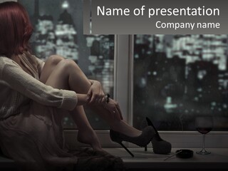 A Woman Sitting On A Window Sill With A Glass Of Wine PowerPoint Template