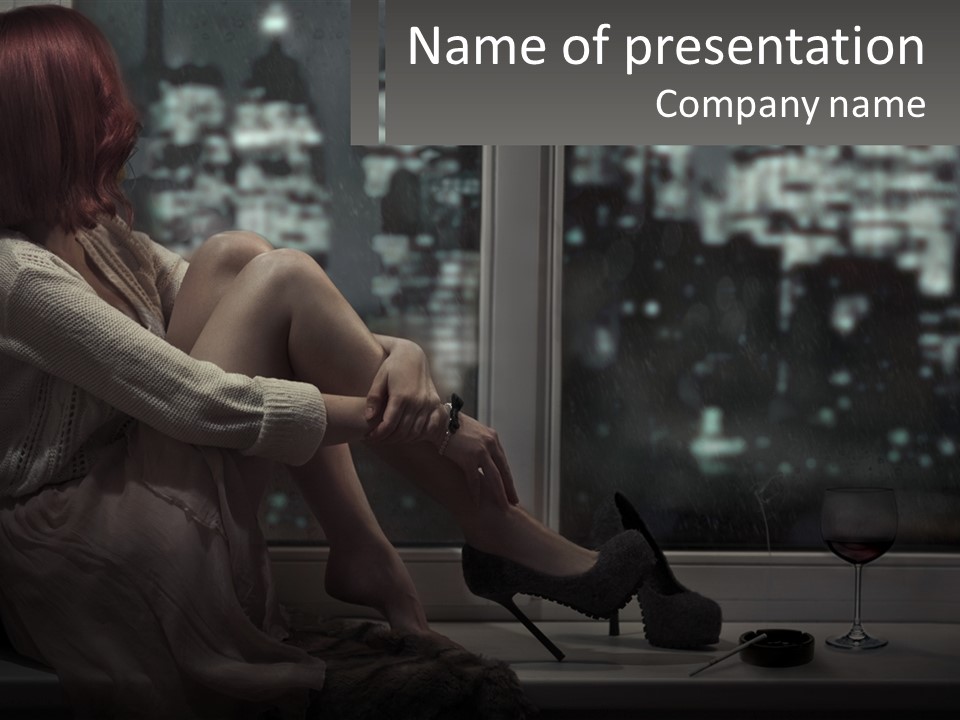 A Woman Sitting On A Window Sill With A Glass Of Wine PowerPoint Template