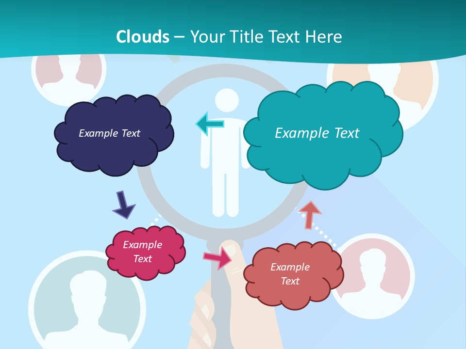 A Hand Holding A Magnifying Glass With Icons On It PowerPoint Template