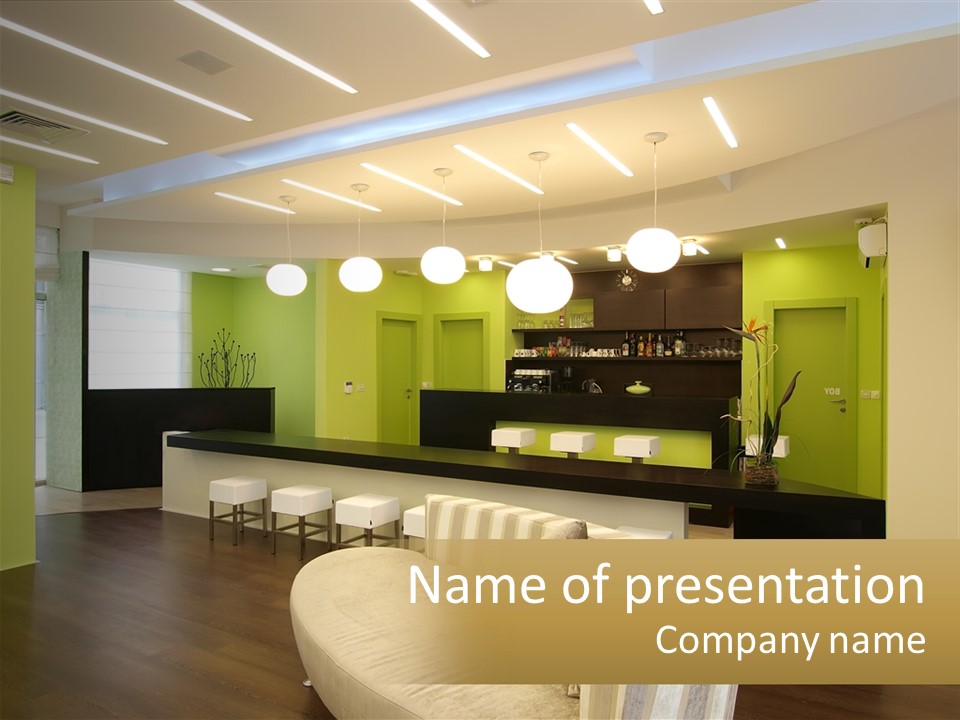 A Green Room With A Bar And White Chairs PowerPoint Template