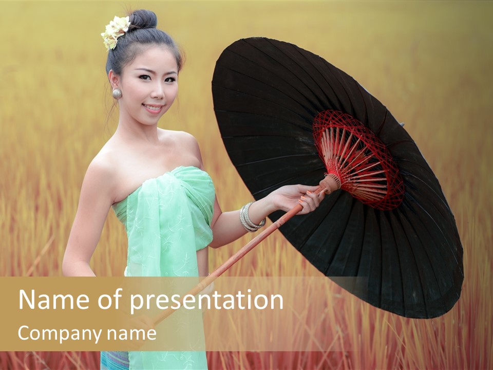 A Woman In A Green Dress Holding A Black Umbrella PowerPoint Template