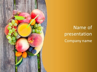 A Wooden Table Topped With Fruit And A Glass Of Juice PowerPoint Template