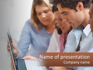 A Group Of People Looking At A Laptop PowerPoint Template