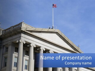 A Building With Columns And A Flag On Top PowerPoint Template