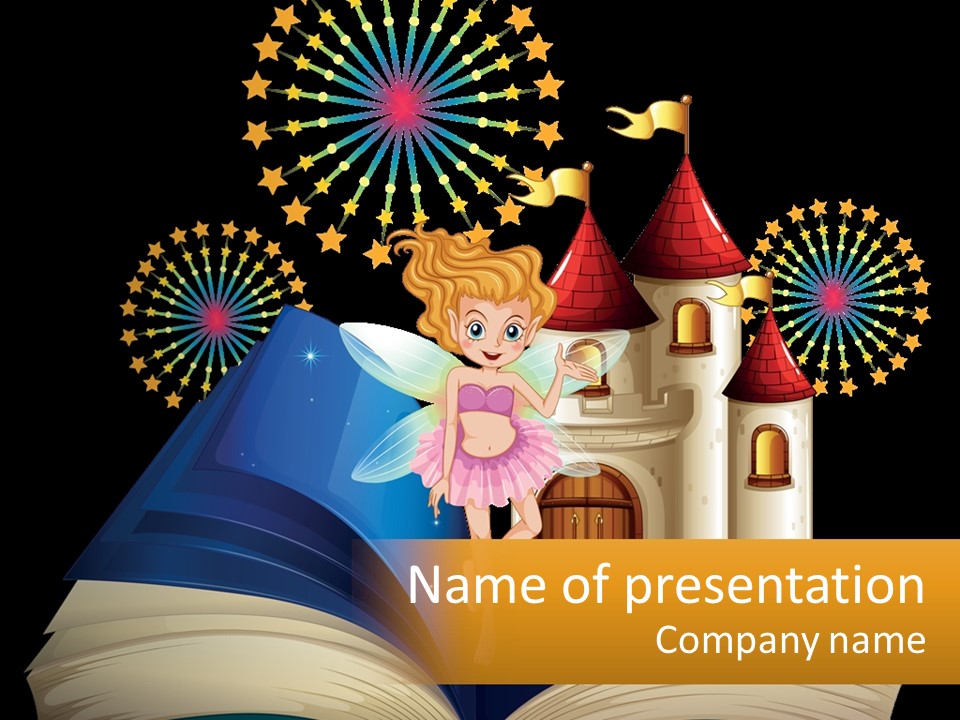 A Fairy Reading A Book With Fireworks In The Background PowerPoint Template
