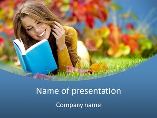 A Woman Laying On The Grass Reading A Book PowerPoint Template