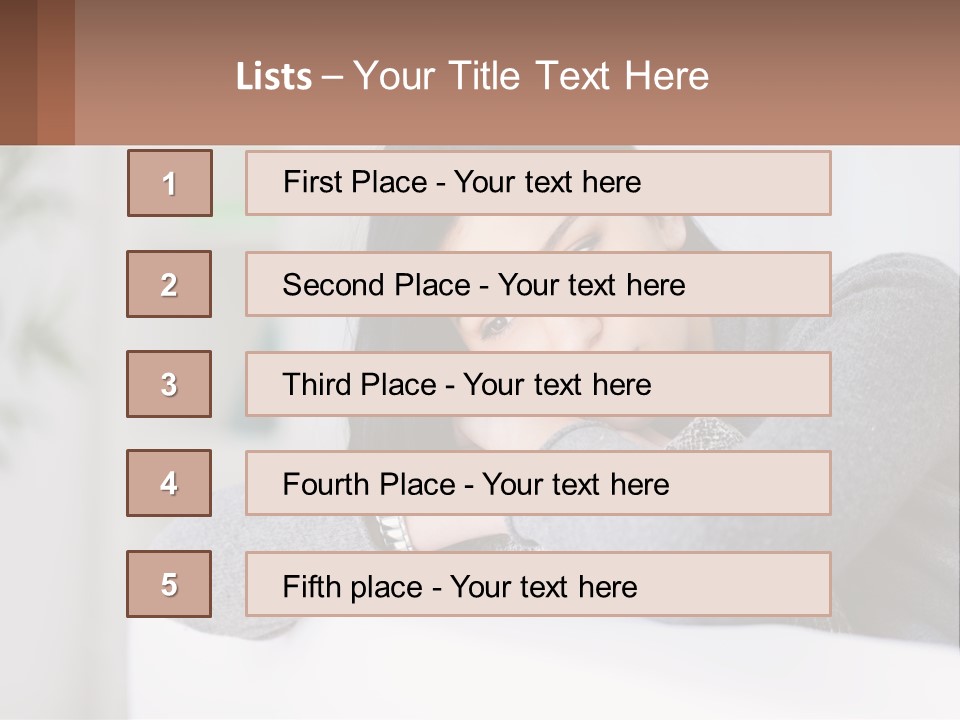 A Woman Sitting On A Bed With Her Hand On Her Chin PowerPoint Template