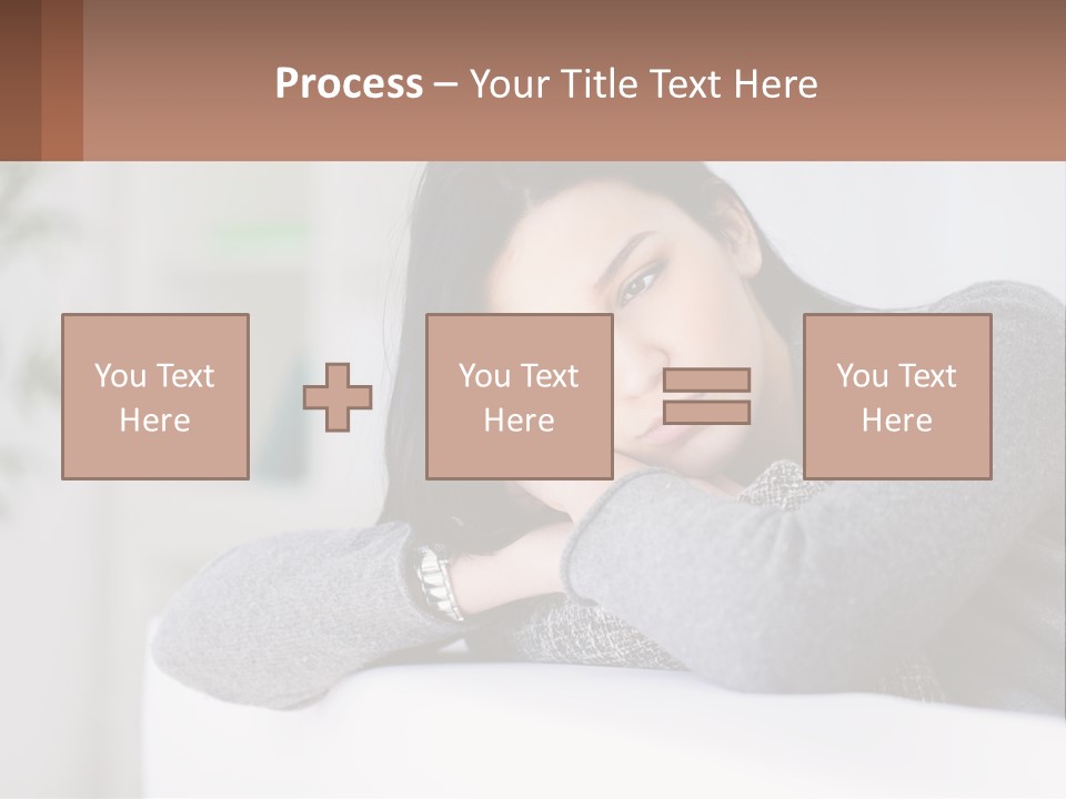 A Woman Sitting On A Bed With Her Hand On Her Chin PowerPoint Template