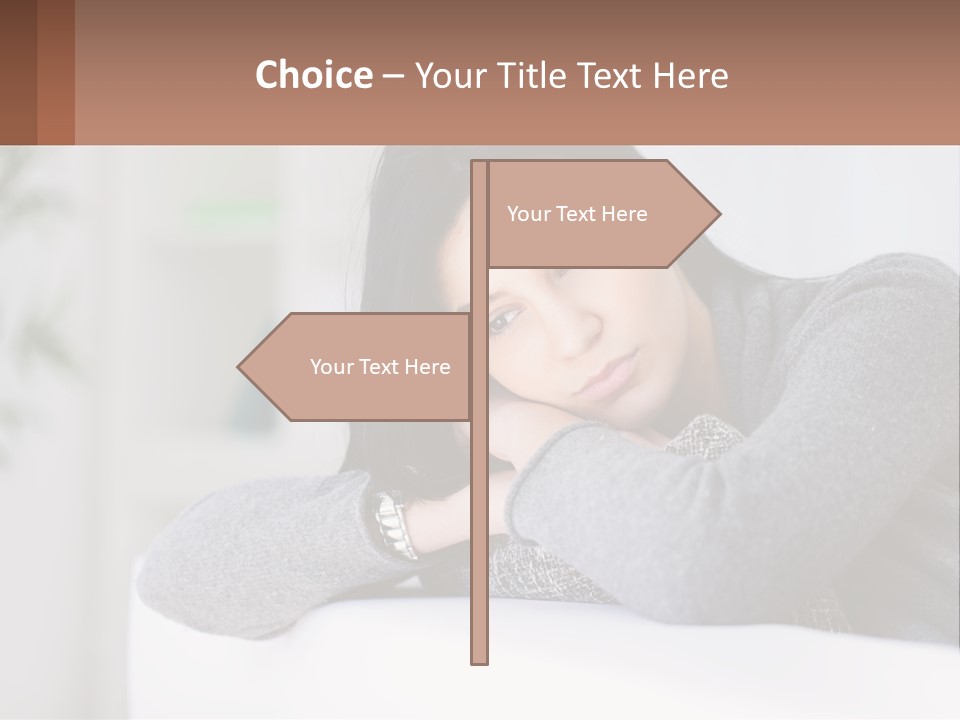 A Woman Sitting On A Bed With Her Hand On Her Chin PowerPoint Template