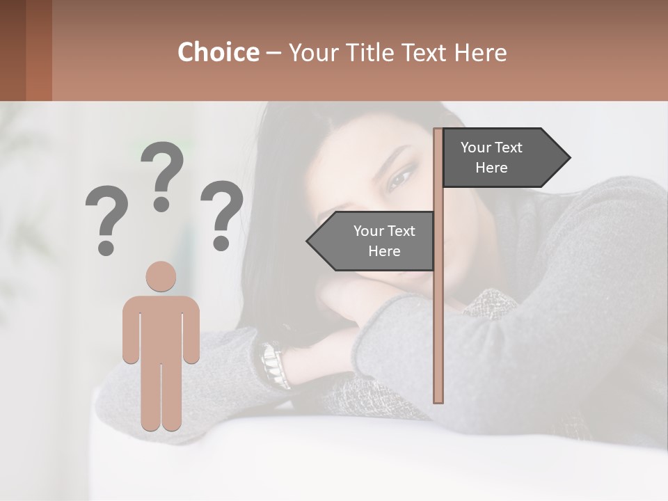 A Woman Sitting On A Bed With Her Hand On Her Chin PowerPoint Template
