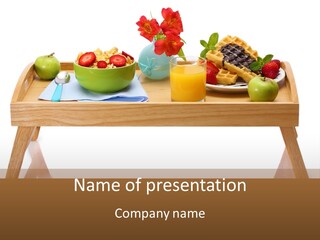 A Wooden Table Topped With A Bowl Of Fruit And A Plate Of Waffles PowerPoint Template