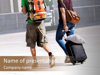 A Man And A Woman Walking Down A Street With Luggage PowerPoint Template
