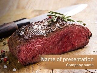 A Piece Of Steak On A Cutting Board With A Knife PowerPoint Template