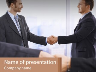 Two Men Shaking Hands In A Business Meeting PowerPoint Template