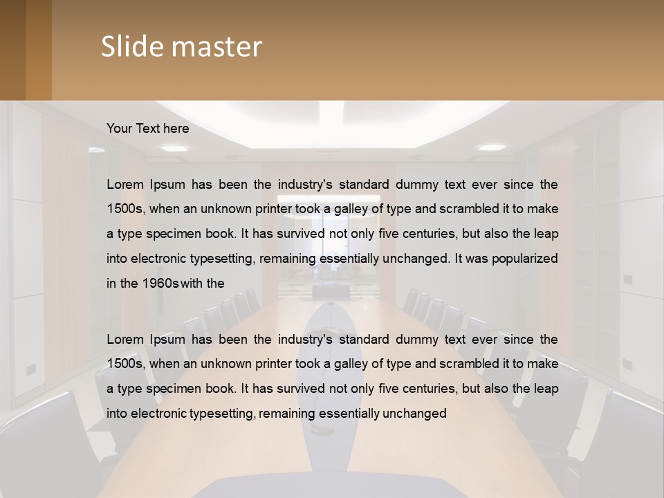 A Conference Room With A Long Table And Blue Chairs PowerPoint Template