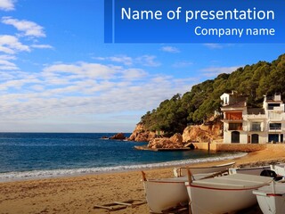 Two Boats On The Beach With A House In The Background PowerPoint Template