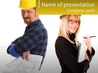 A Man And A Woman In Hardhats Holding A Clipboard PowerPoint Template
