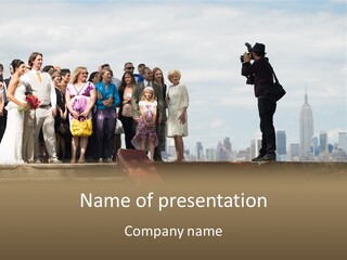 A Group Of People Standing In Front Of A City Skyline PowerPoint Template