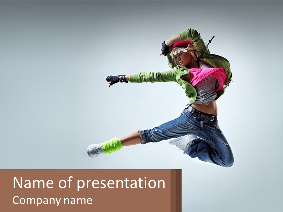 A Woman Jumping In The Air With A Backpack On Her Back PowerPoint Template