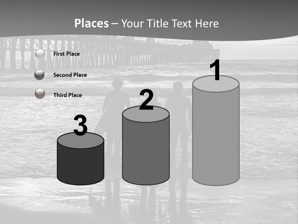 Three Surfers Standing On The Beach With A Pier In The Background PowerPoint Template