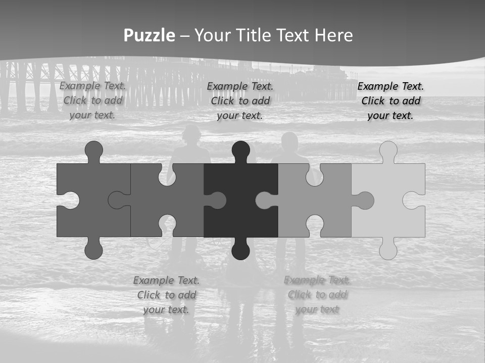 Three Surfers Standing On The Beach With A Pier In The Background PowerPoint Template