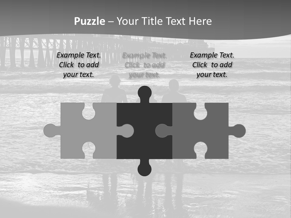 Three Surfers Standing On The Beach With A Pier In The Background PowerPoint Template