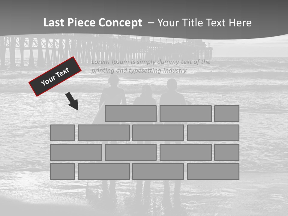 Three Surfers Standing On The Beach With A Pier In The Background PowerPoint Template
