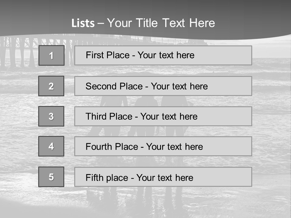 Three Surfers Standing On The Beach With A Pier In The Background PowerPoint Template