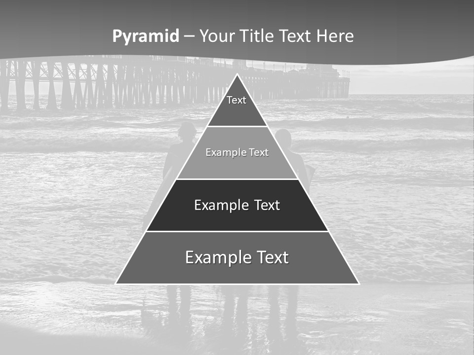 Three Surfers Standing On The Beach With A Pier In The Background PowerPoint Template