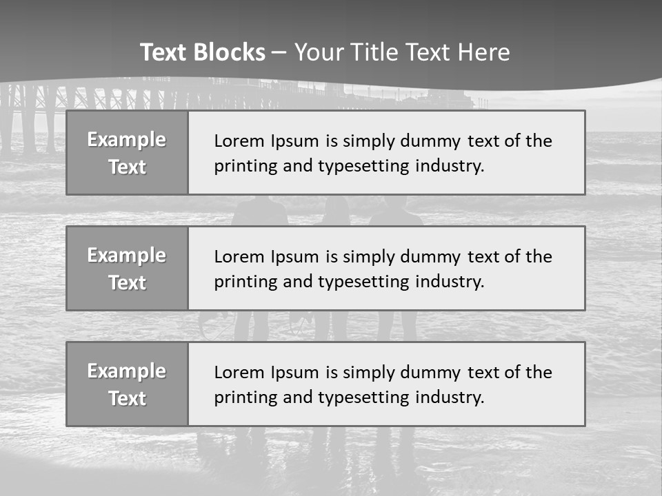Three Surfers Standing On The Beach With A Pier In The Background PowerPoint Template