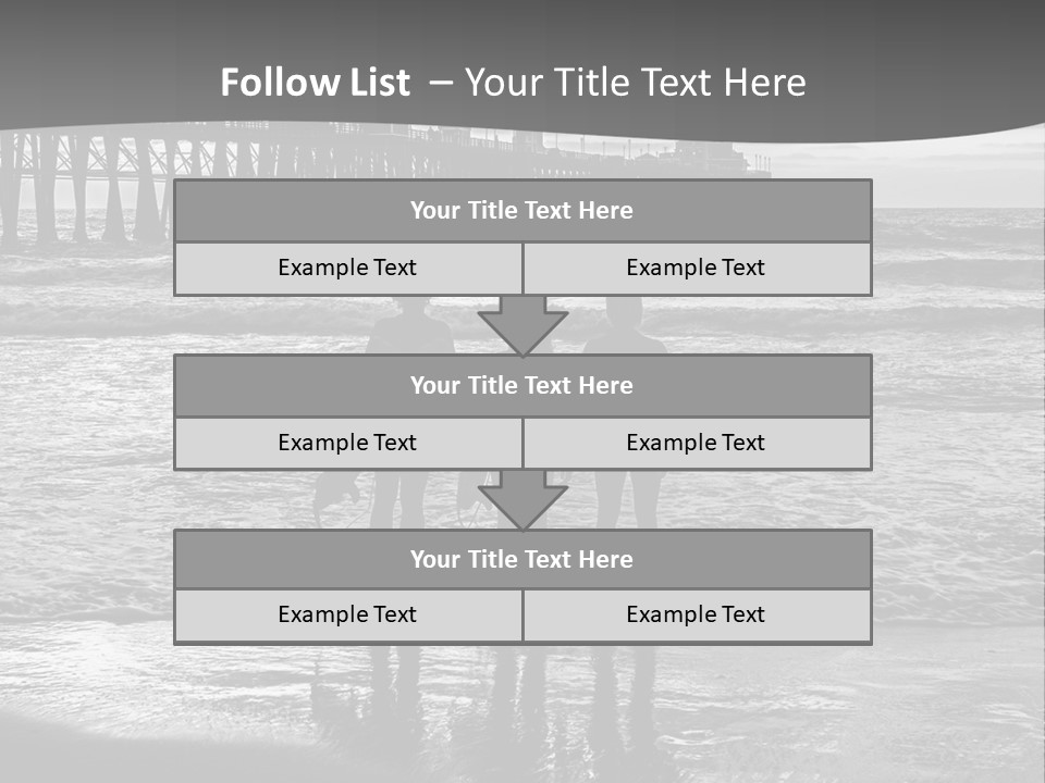 Three Surfers Standing On The Beach With A Pier In The Background PowerPoint Template