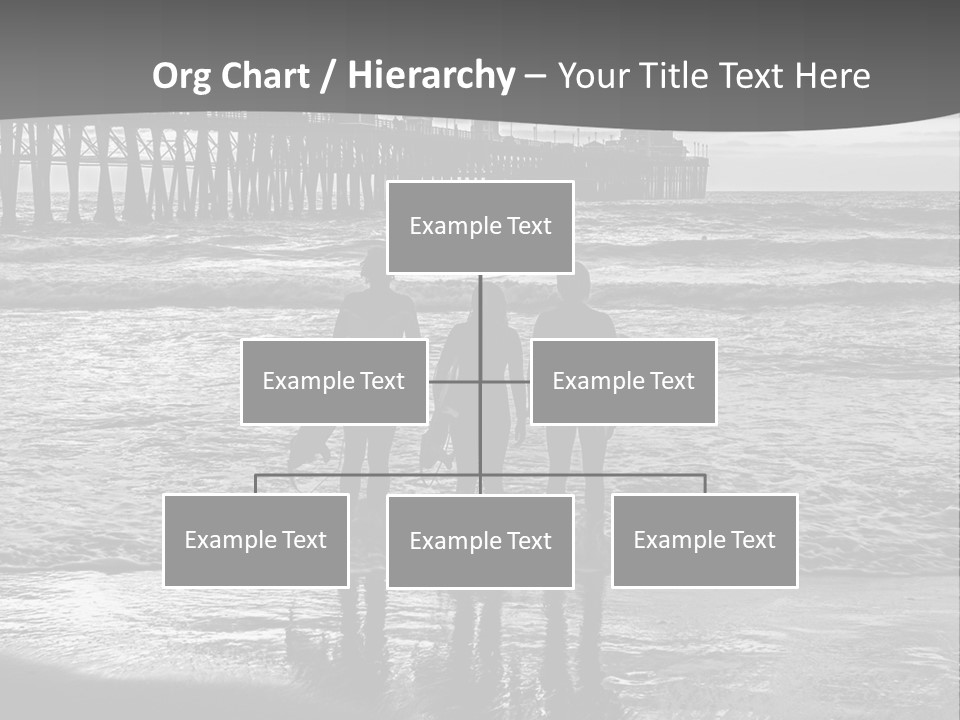 Three Surfers Standing On The Beach With A Pier In The Background PowerPoint Template