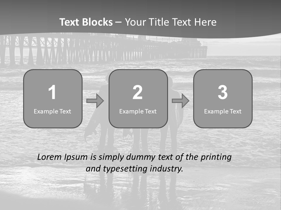 Three Surfers Standing On The Beach With A Pier In The Background PowerPoint Template