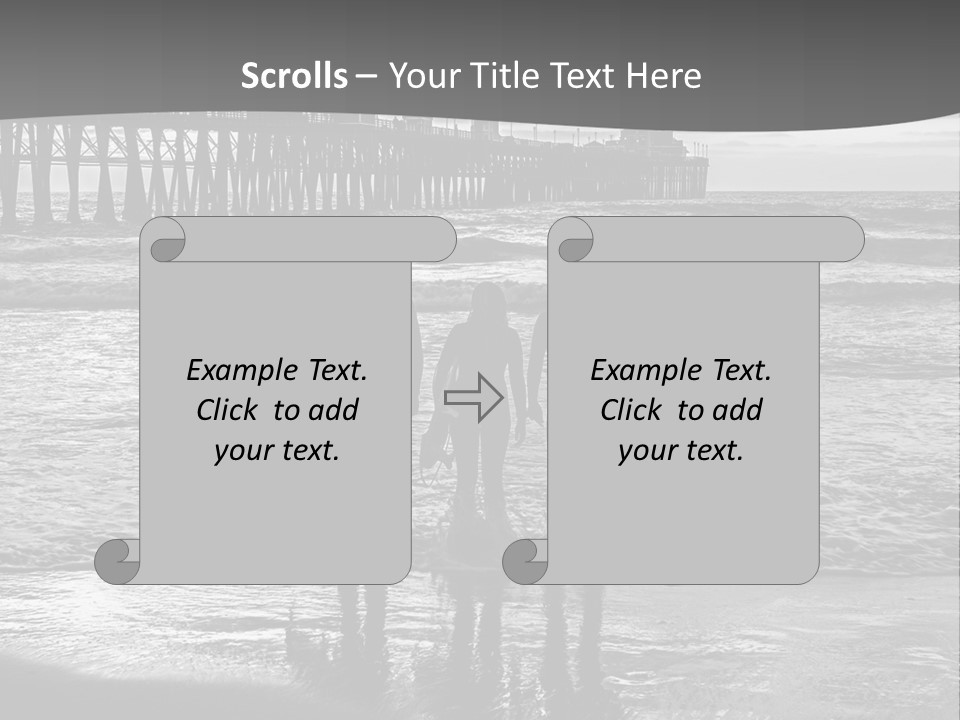 Three Surfers Standing On The Beach With A Pier In The Background PowerPoint Template